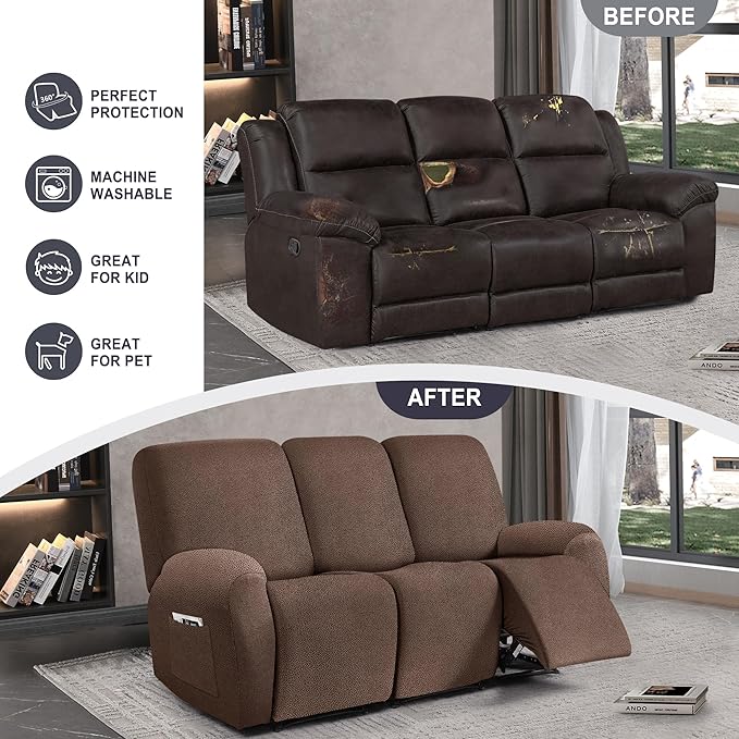 ANARACHON Leather Look Recliner Couch Cover, 8-Pieces Stretch Recliner Sofa
