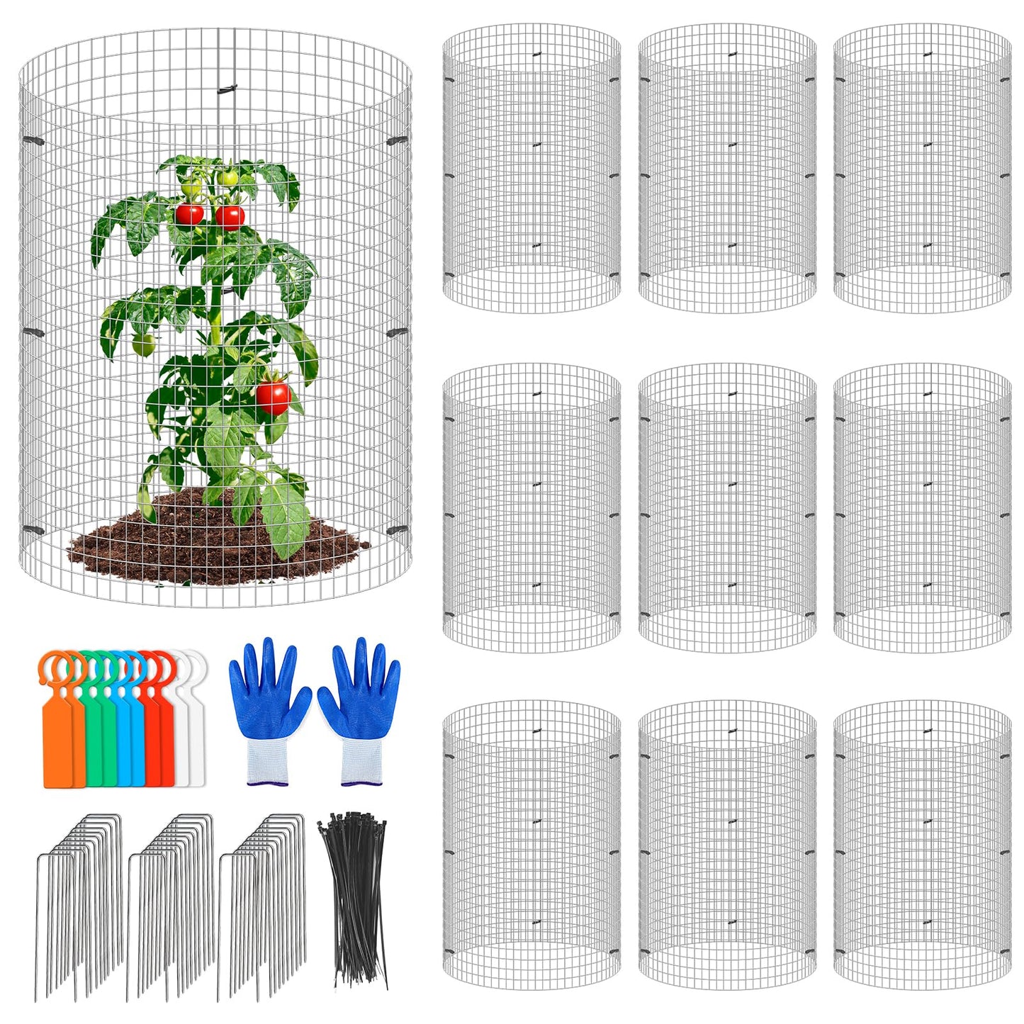 30Pcs Garden Plant Protector Cage 12''x12'', 10 Set Metal Wire Protectors for Plants, Protection Cages with Stakes Nylon Ties, Animals Barrier to Keep Chicken Rabbit Away from Plants Flower Vegetables