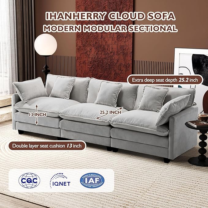 Ihanherry 111.4 Inch 3-Seater Cloud Sofa, Modular Sectional Couch, Modern Deep