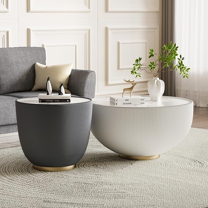Round Marble Coffee Table Set of 2, 2 Piece White Coffee Table and End Table