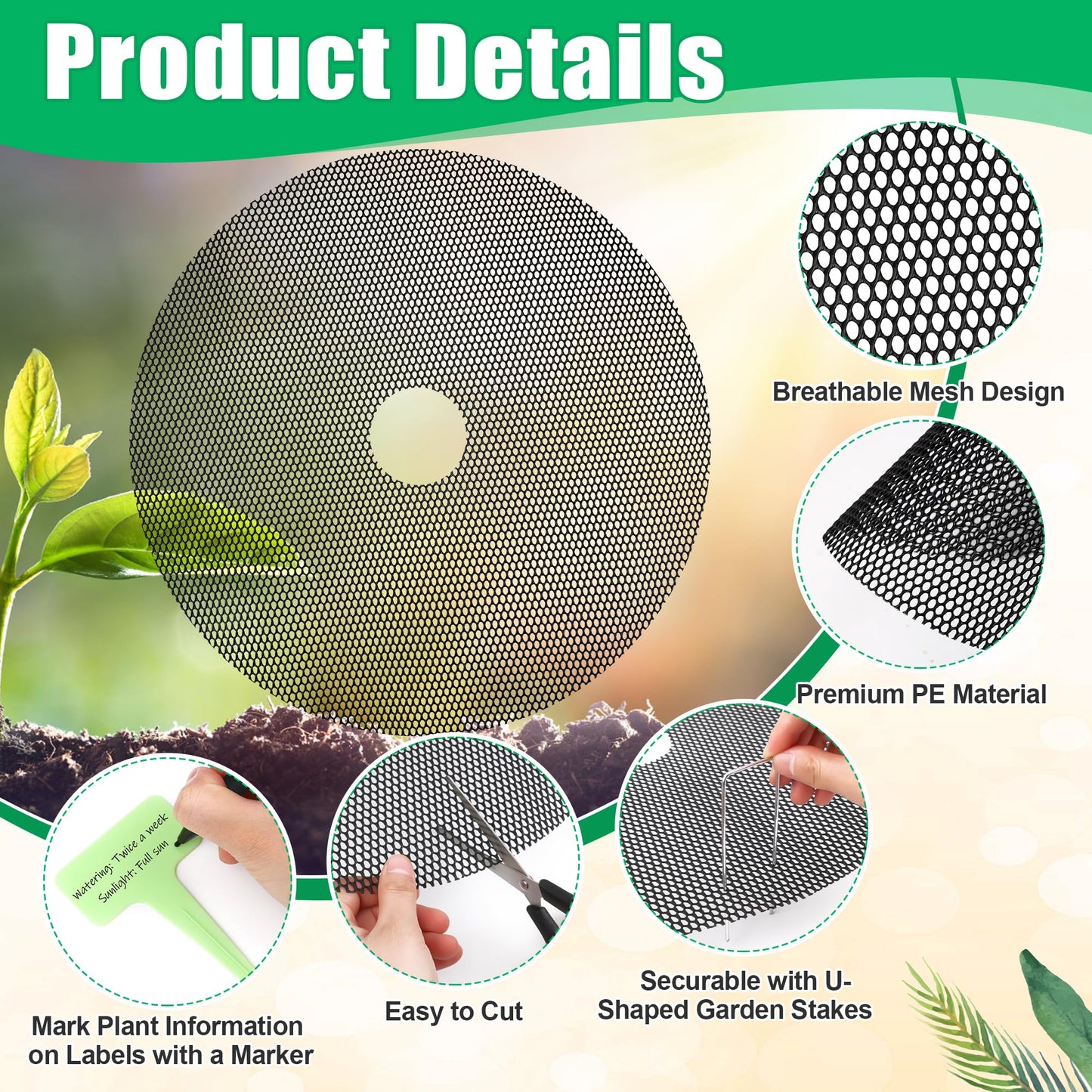 Pletpet 4 Pcs 15.7 Inch Plant Pot Soil Covers Protectors, Pot Grids for Plants Protection with 1 Marker Pen, 1 Scissors, 4 Plant Labels and 8 U-Shaped Garden Stakes