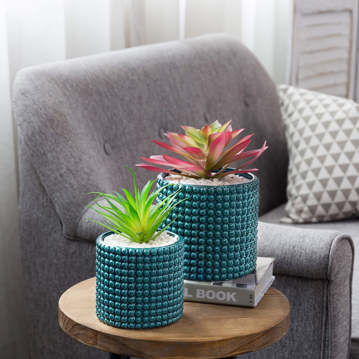 MyGift 6-Inch and 4.50-Inch Ceramic Round Planter Pots, Set of 2 Vintage-Style Turquoise Hobnail Succulent & Flower Containers