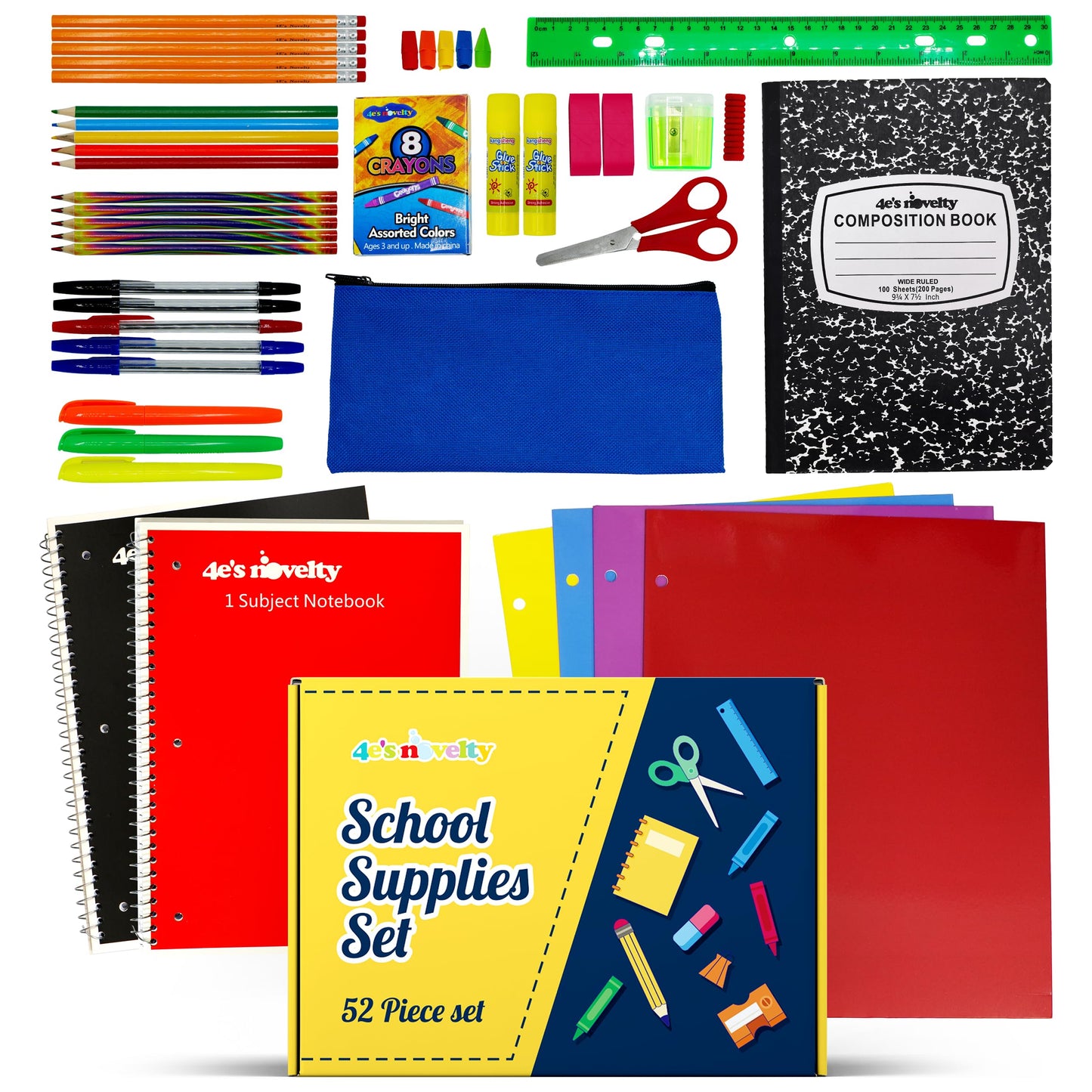 4E's Novelty 52 Pieces Schools Supplies Kit for K1-8 Back to School Supply Box with Essential Student Kits, School Supply Bundle Middle Elementary Schools Supplies Kit Grades 1 2 3 4 5 6 7 8