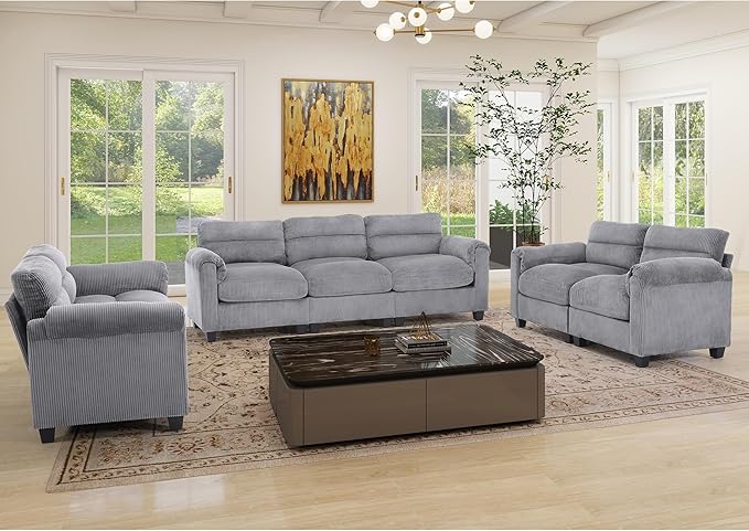 HAOMARKETS Corduroy Sofa Set, Two Upholstered Loveseat, and 3-Seater Couch