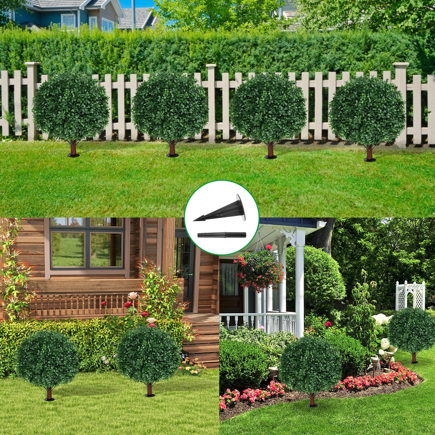Grooy Artificial Boxwood Topiary Ball Tree with Ground Spike, Set of 2 Artificial Shrub Bushes, Fake Evergreen Tree for Porch, Artificial Plants for Outdoor Planters Indoor UV Resistant