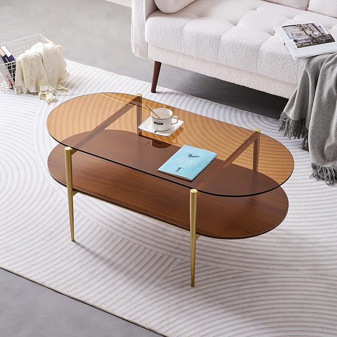 LumFurn Oval Glass Coffee Table, Mid-Century Modern Design, L41 x W21 x H17 inch