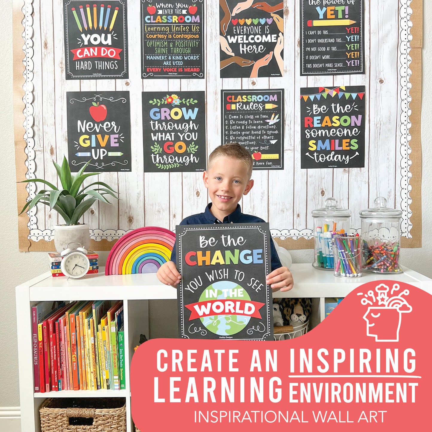 Hadley Designs Motivational Poster for Classroom Decor - 9 Growth Mindset Classroom Posters Elementary, Inspirational Wall Decor Middle School, Teacher Must Have, Chalkboard Bulletin Board Decorations