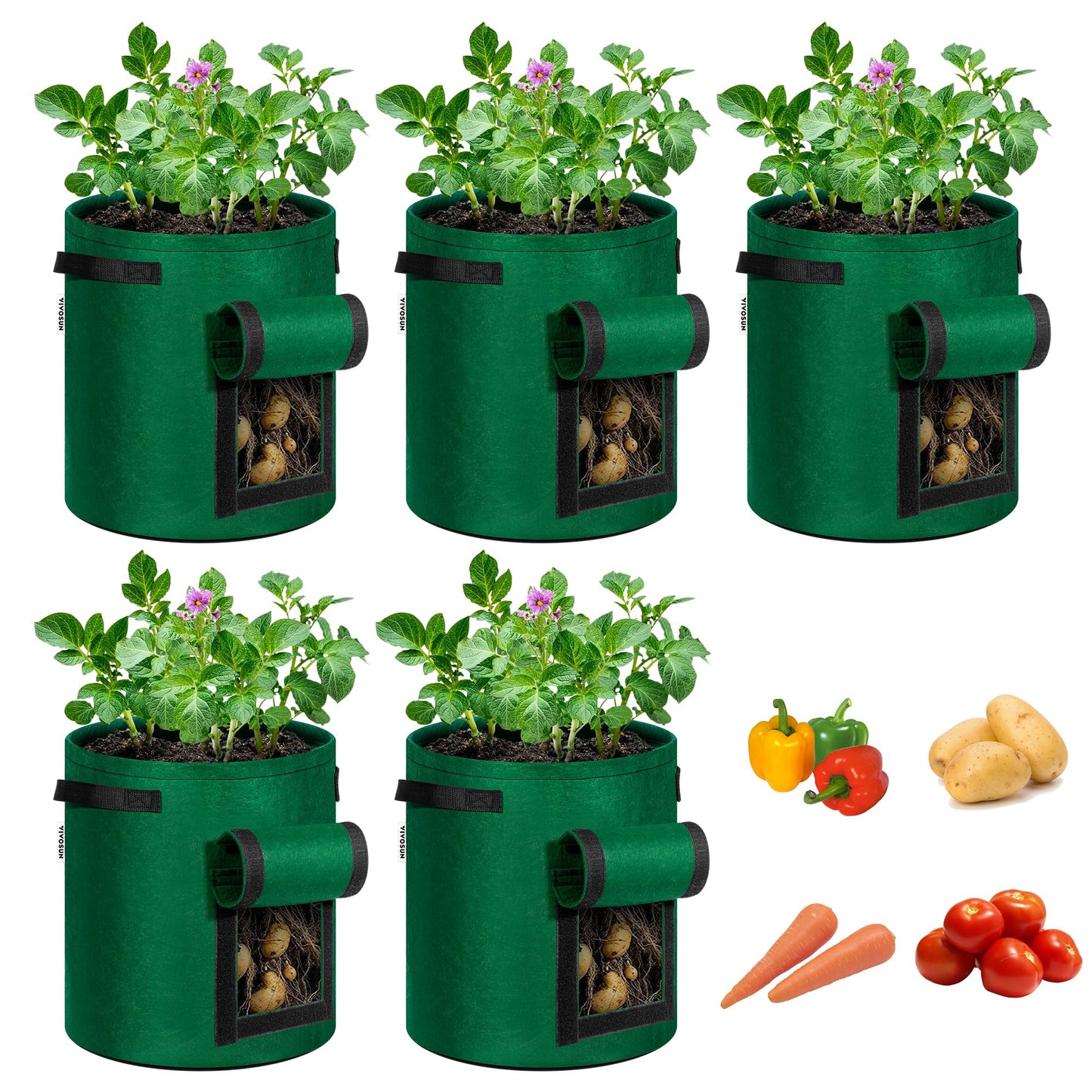 VIVOSUN 5-Pack 7 Gallon Potato Grow Bags for Growing Potatoes, Fabric Potato Pots with Handle and Roll-up Window, Potato Growing Containers Potato Planter Potato Planter for Growing Potatoes, Green