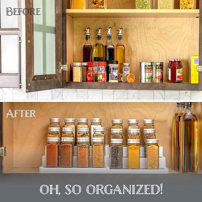 Oizeir 3–Tier Expandable Plastic Spice Rack - Adjustable Length, Stability with Non-Skid Shelf, Three Tiers for Easy Visibility, Organizer for Kitchen Cabinet, Pantry or Countertop, White/Grey