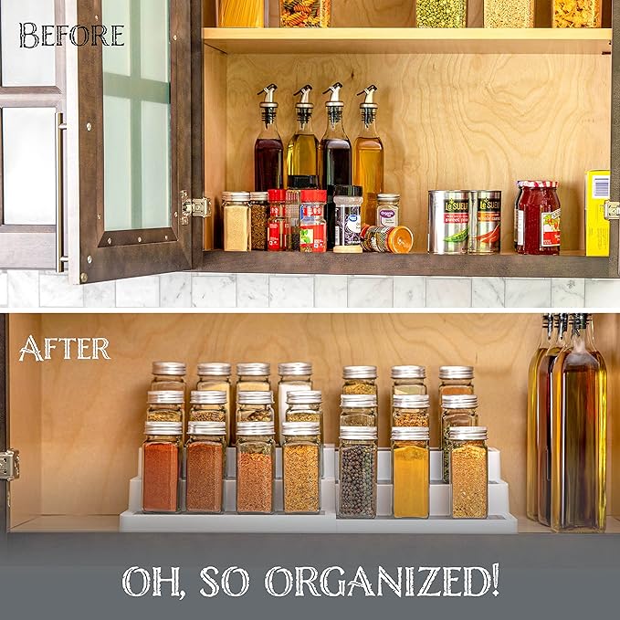 Oizeir Plastic 3-Tier Expandable Spice Rack, Adjustable Length, Stability with Non-Skid Shelf, For Easy Visibility, Organizer for Kitchen Cabinet, Pantry or Countertop, (2-Pack), White/Grey