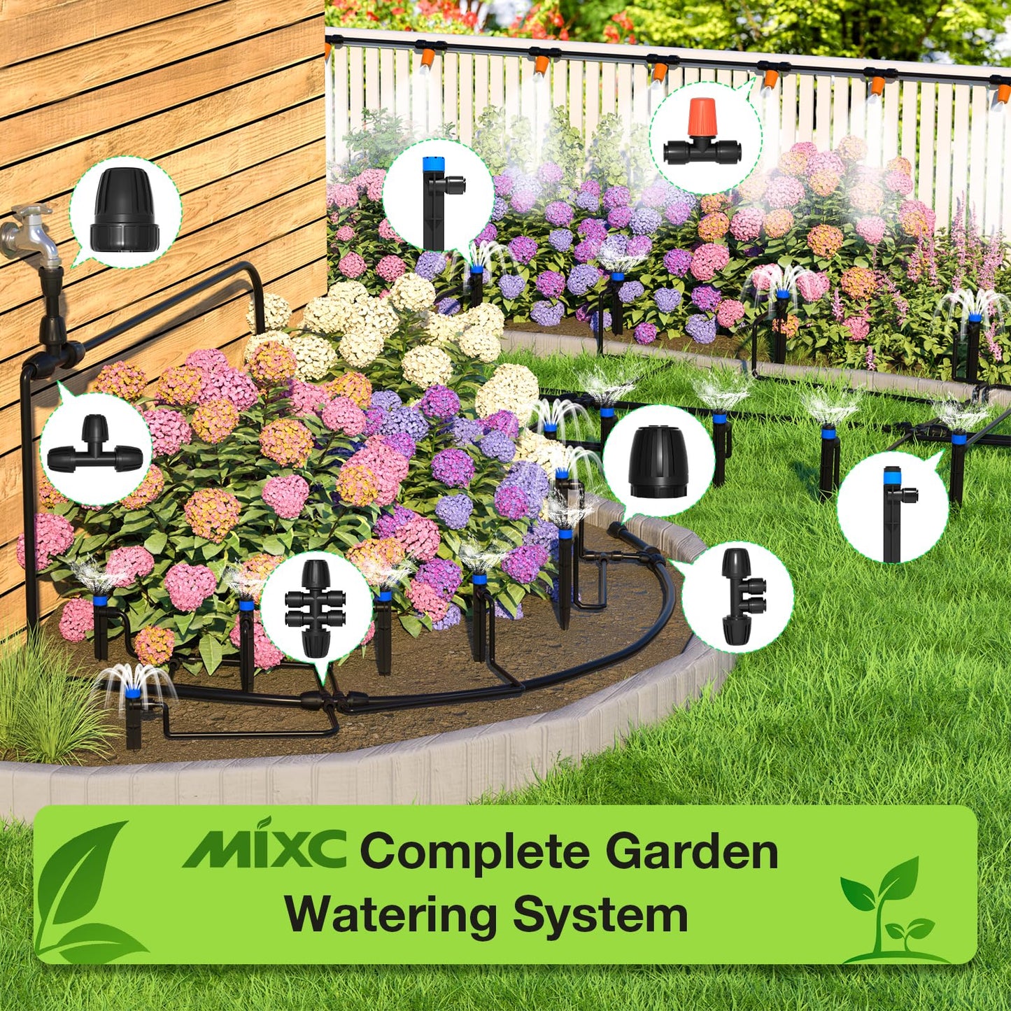 MIXC 300FT Drip Irrigation System Kit, Automatic Garden Misting Watering System with 100FT 1/2" & 200FT 1/4" Irrigation Tubing, Fitting, Adjustable Emitter for Greenhouse Lawn Raised Bed Potted Plant