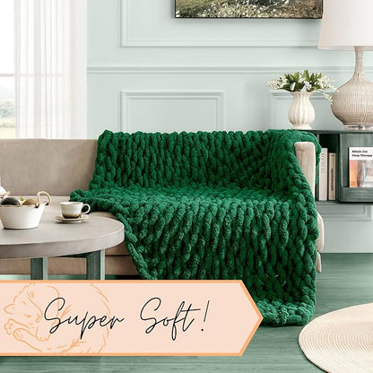 Adyrescia Chunky Knit Blanket Throw | 100% Hand Knit with Jumbo Chenille Yarn (50"x60", Forest Green)