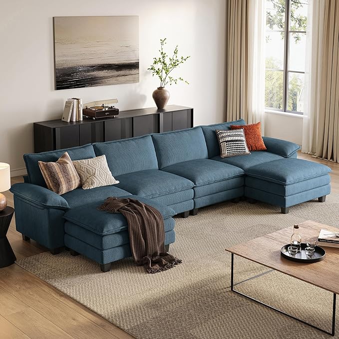 LINSY HOME 157" Modular U-Shaped Sectional Sofa, 4-Seat Corduroy Modern Cloud