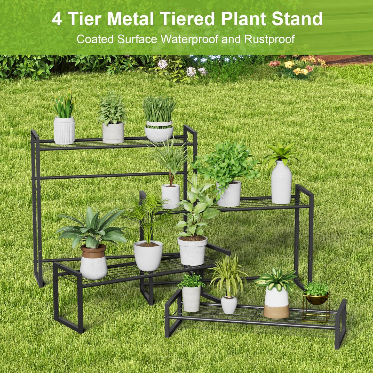 VyGrow Plant Stand, 4 Tier Stackable Tiered Plant Stand, Scalable Heavy Duty Tall Plant Shelf for Indoor Outdoor, Garden, Display Shelves, Flower Pot Holder, Black