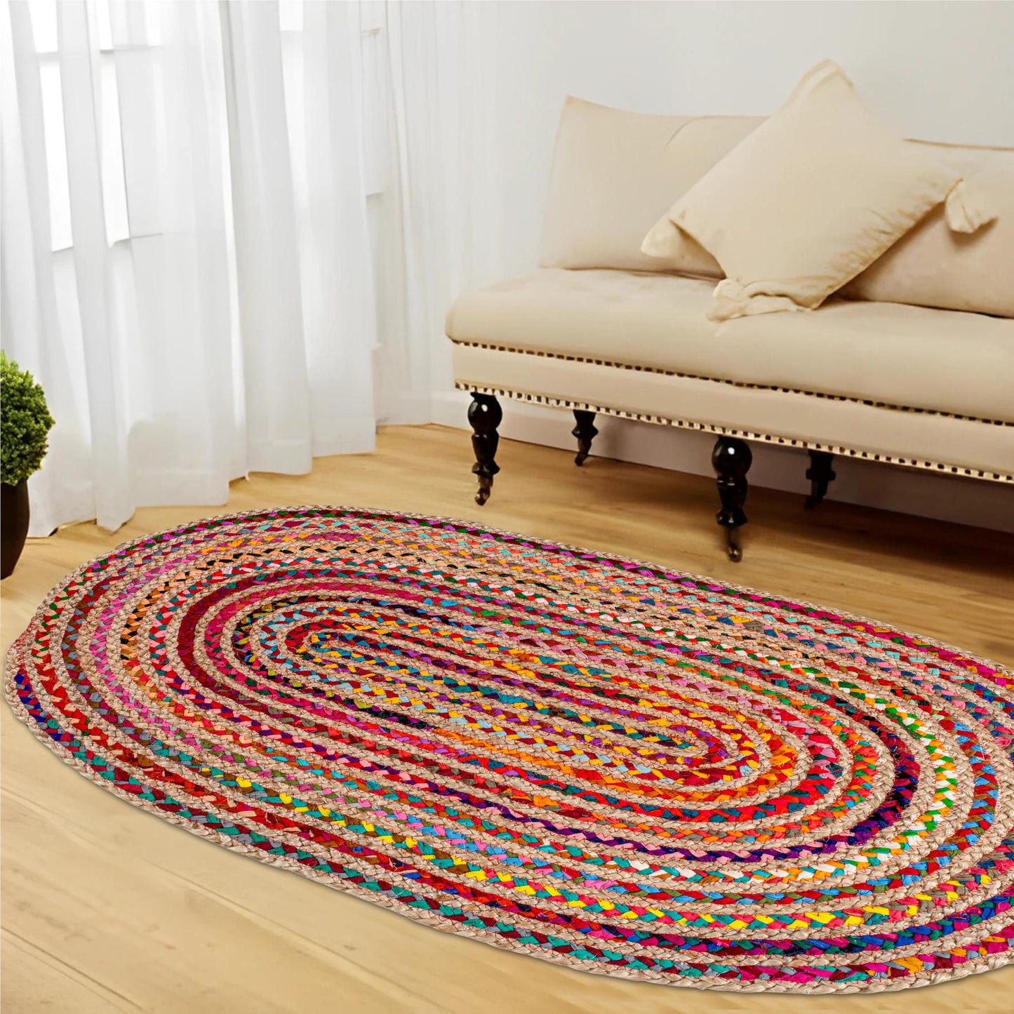 Savi Home Farmhouse Jute Cotton Chindi Rug 4x6 Oval Multicolor, Handwoven Braided Area Rug for Living Room, Kitchen, Entryway & Bathroom