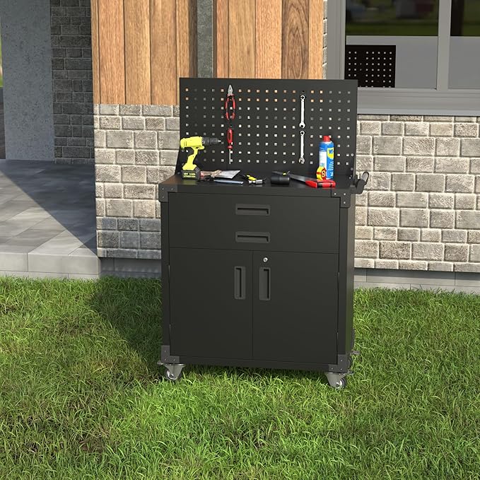 SUXXAN Black Tool Cart with Pegboard and 4 Hooks, Garage Storage Cabinet on