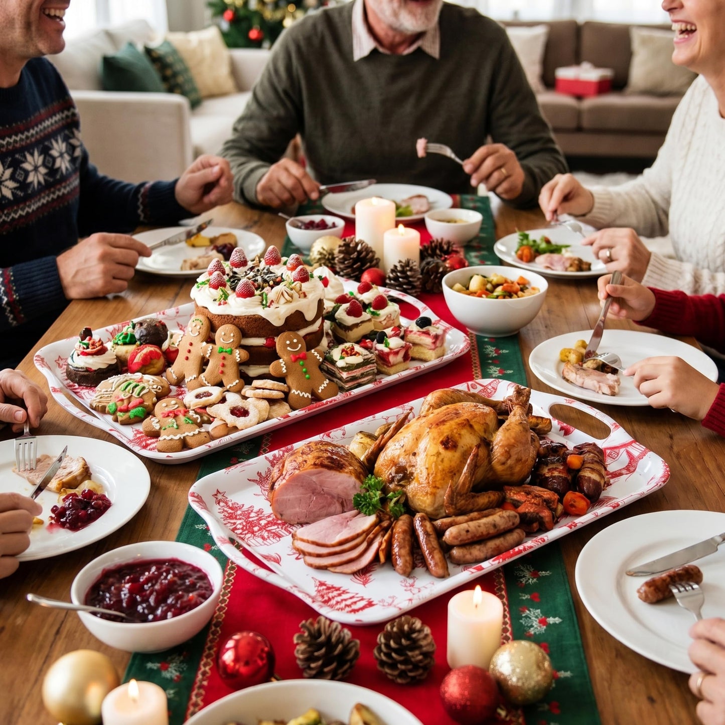 ONEderful 2-Pack Christmas Serving Trays – 18x13 Inches Winter Wonderland Handled Platters, Large Holiday Trays for Christmas Parties, Buffets & Family Gatherings (Christmas Color Scheme)