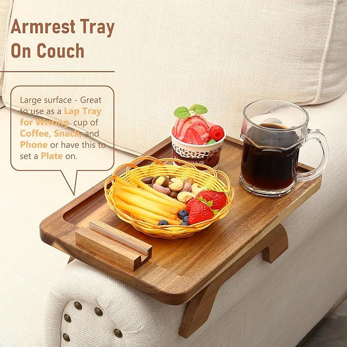 SINWANT Couch Arm Table, Acacia Wood Sofa Arm Rest Tables Couch Armrest Table