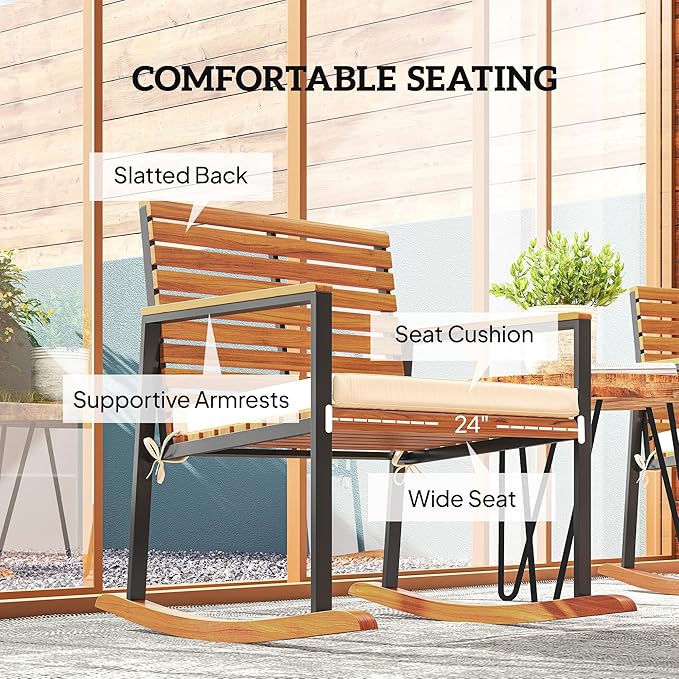 Outsunny Outdoor Rocking Chair Set of 2, Acacia Wood Outdoor Rockers