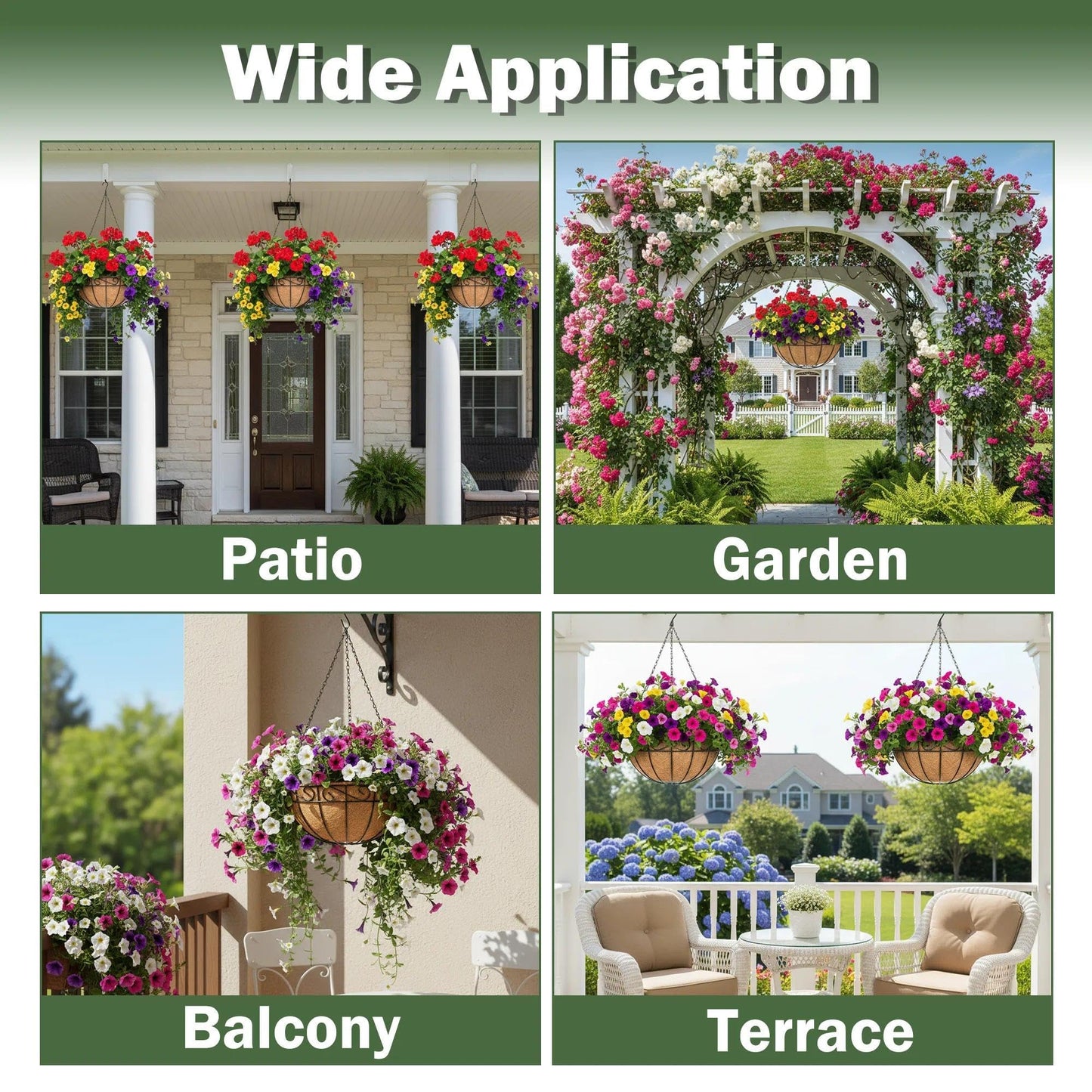 KIDYBELL 4 Pack 10 Inch Hanging Baskets for Plants Outdoor Metal Hanging Planter Basket with Coco Coir Liner Hanging Flower Baskets Hangings Flower Pots Holder for Garden, Patio(Flower)
