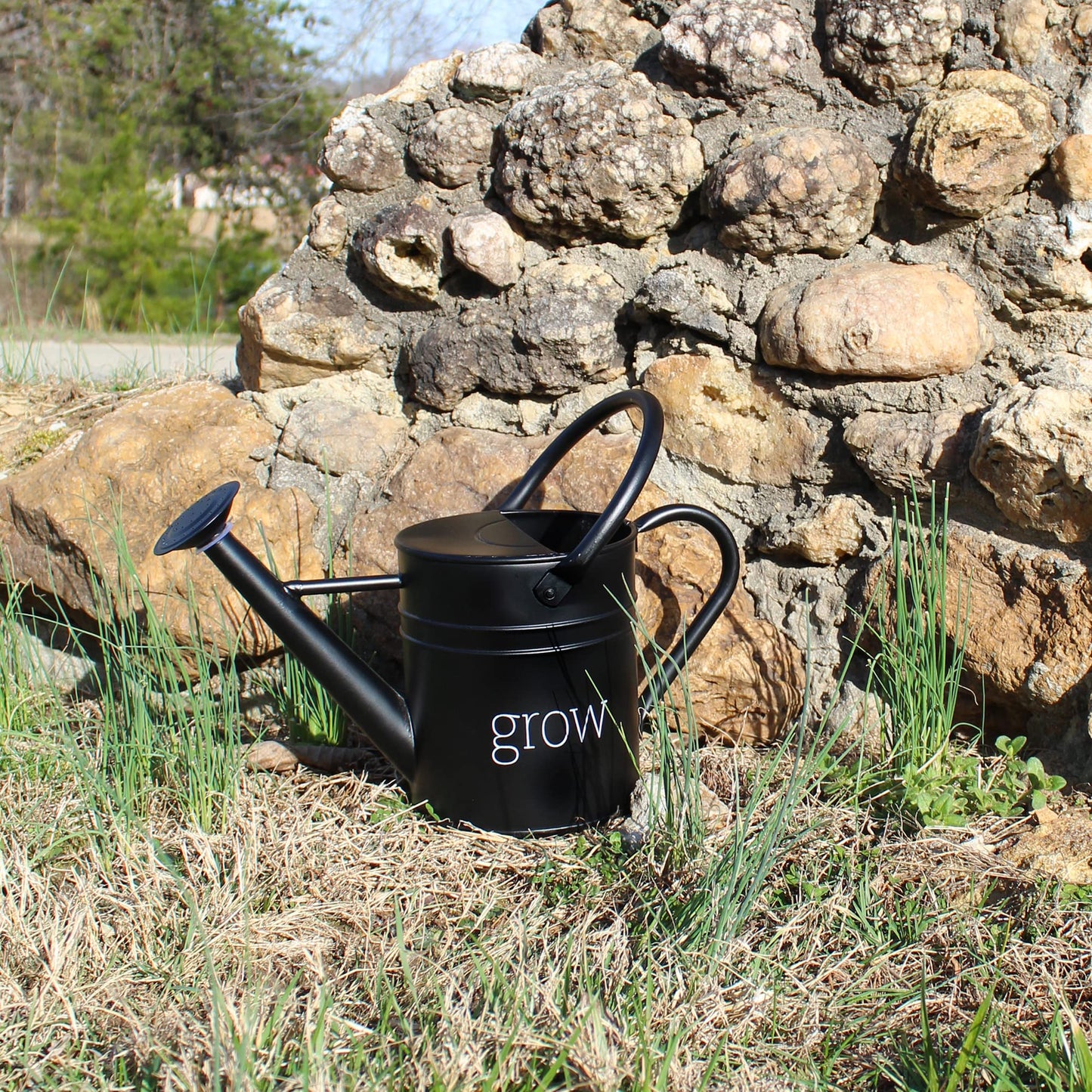 AuldHome Design Farmhouse Enamel Watering Can (Black); Rustic Metal Watering Pitcher for Home Decor and Gardening