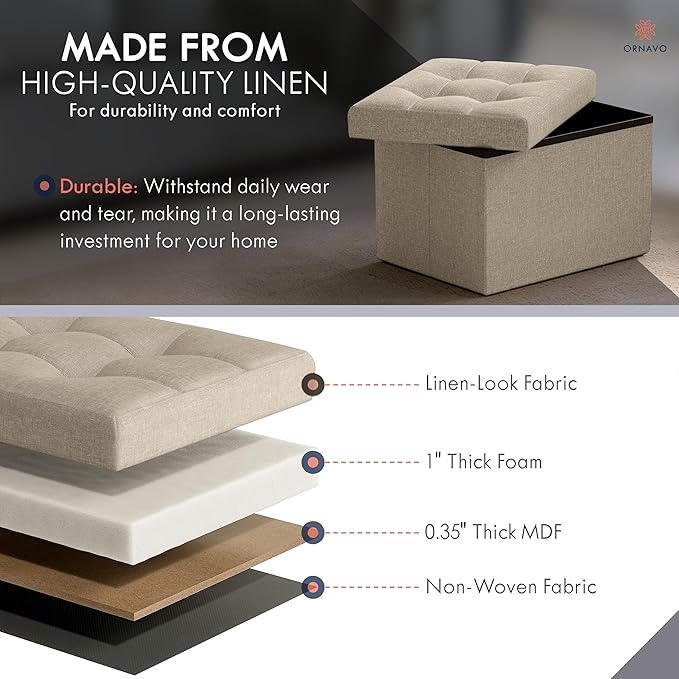 Ornavo Home Small Storage Ottoman, Foldable Collapsible Rectangle Linen Ottoman