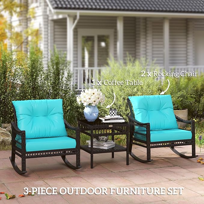 Outsunny Wicker Outdoor Rocking Chair Set, 3 Piece Patio Furniture Set