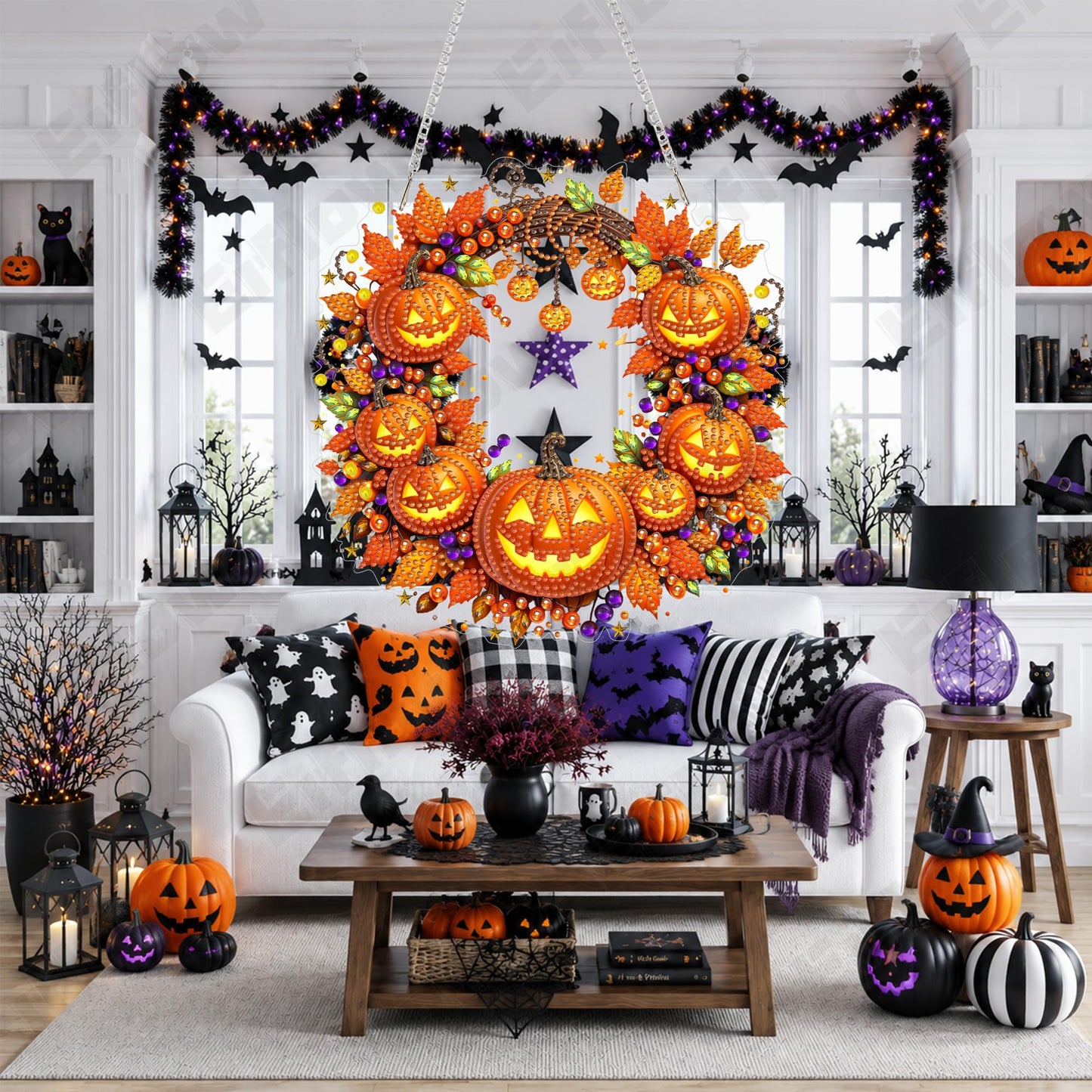 Eiflow Acrylic Diamond Art Hanging Kit for Adults Halloween, DIY Diamonds Painting Door Hanger Board Kit, Special Crystal Diamond Art Painting Pendant Ornament (Pumpkin Wreath)