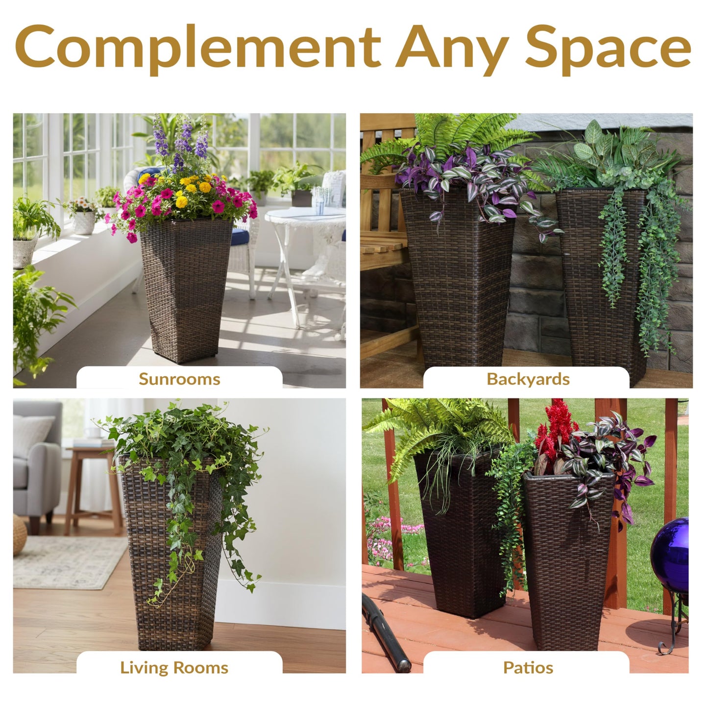 Sunnydaze Square Tall Wicker Outdoor Planter Set of 2 - Polyrattan Large Outdoor Planters for Porch, Patio or Garden - 24" Tall Plant Pots - Brown