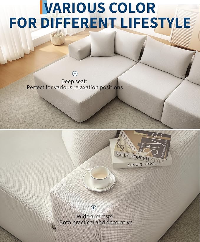 Corduroy Modular L Shape Sofa, Cloud Feel Compressed Sectional Couch