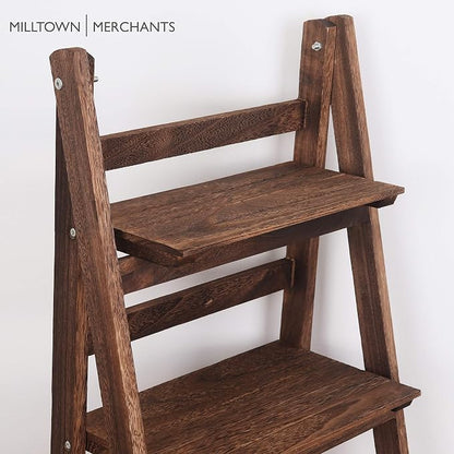 Ladder Shelf - Wooden Ladder Bookshelf - Leaning Bookshelf - Rustic Bookcase - Folding Bookcase (Dark Brown Ladder Shelf)