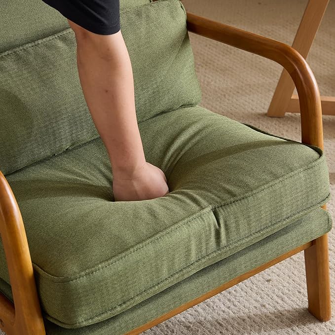 Bonnlo Dark Green Linen Mid Century Modern Accent Chair, Soild Wood Padding