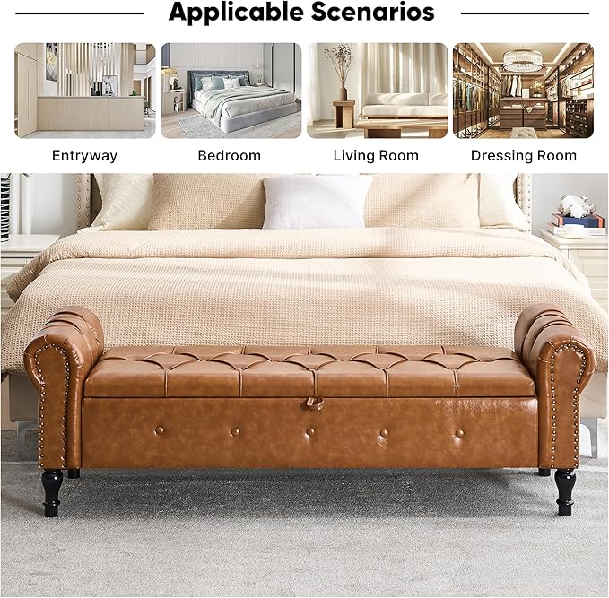 Storage Bench for Bedroom, Faux Leather 67" End of Bed Bench, King Size Bench