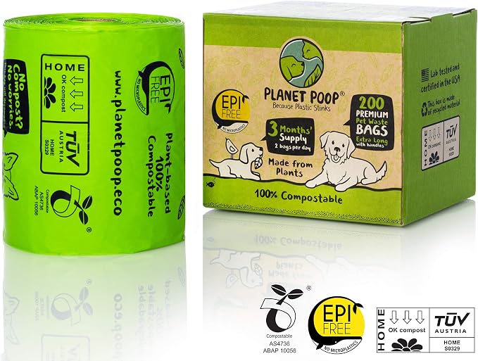 PLANET POOP Home Compostable Dog Poop Bags Extra Long with Handles | Large Single Roll 200 Count Grab & Go | Un-scented Waste Bag | Leakproof Doggy & Cat Bags | Plant-Based Pet Supplies