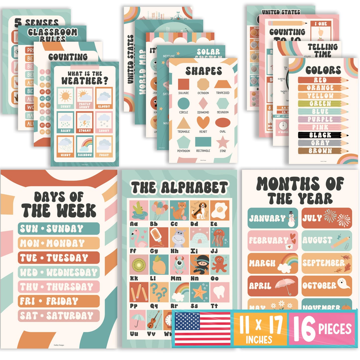 Hadley Designs 16 Educational Posters for Classroom Must Haves - Laminated Pre-K Posters for Toddler Homeschool Essentials, Toddler & Preschool Learning Activities, Kindergarten Classroom Decor