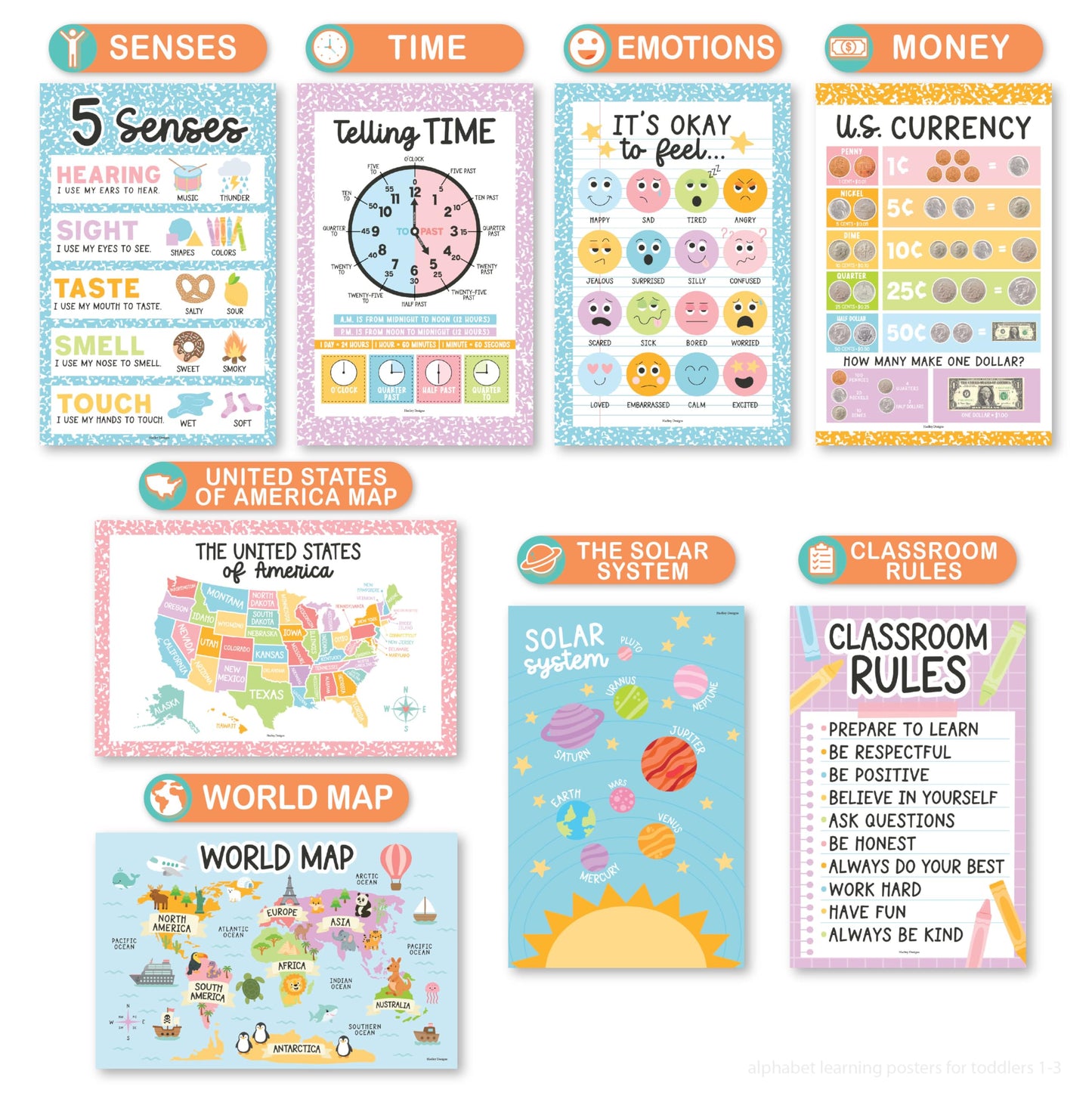 Hadley Designs 16 Educational Posters for Classroom Must Haves - Laminated Pre-K Posters for Toddler Homeschool Essentials, Toddler & Preschool Learning Activities, Kindergarten Classroom Decor
