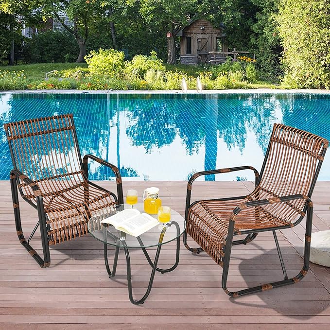 Tangkula 3 Piece Patio Rattan Furniture Set, Includes 2 Single Wicker Chairs