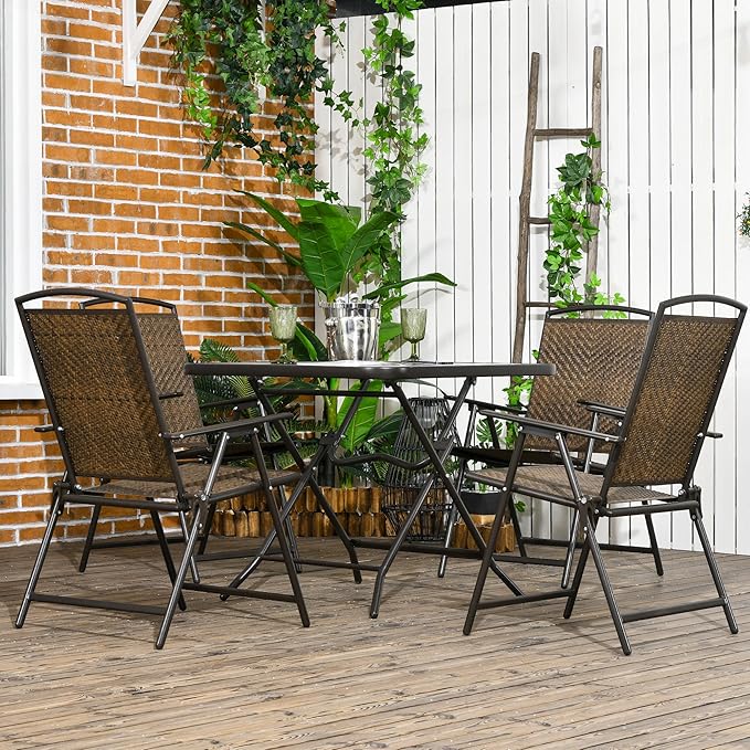 Outsunny 5 Pieces Wicker Patio Dining Set, Foldable Outdoor Table and Chairs