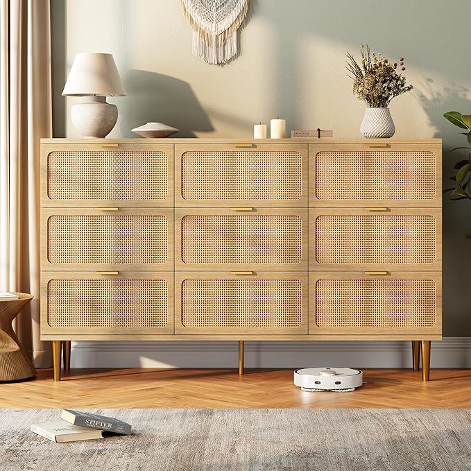 GarveeHome Rattan 9 Drawer Dressers