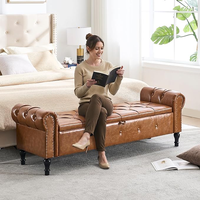 Storage Bench for Bedroom, Faux Leather 67" End of Bed Bench, King Size Bench