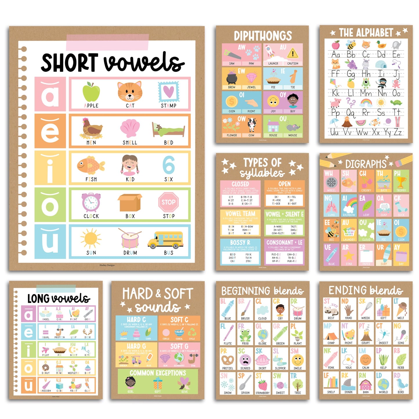 Hadley Designs Phonics Posters for Classroom Must Haves - 9 Sound Wall for Kindergarten & Elementary Teacher Supplies, Syllable, Vowels, Digraphs & Blends Bulletin Board Set, Kraft Classrom Decor