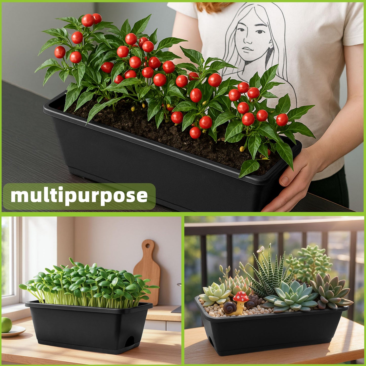 LOCONHA Window Box Planter, Plastic Vegetable Flower Planters Boxes 17 Inches Rectangular Flower Pots with Saucers for Indoor Outdoor Garden, Patio, Home Decor (12, Dark Grey)