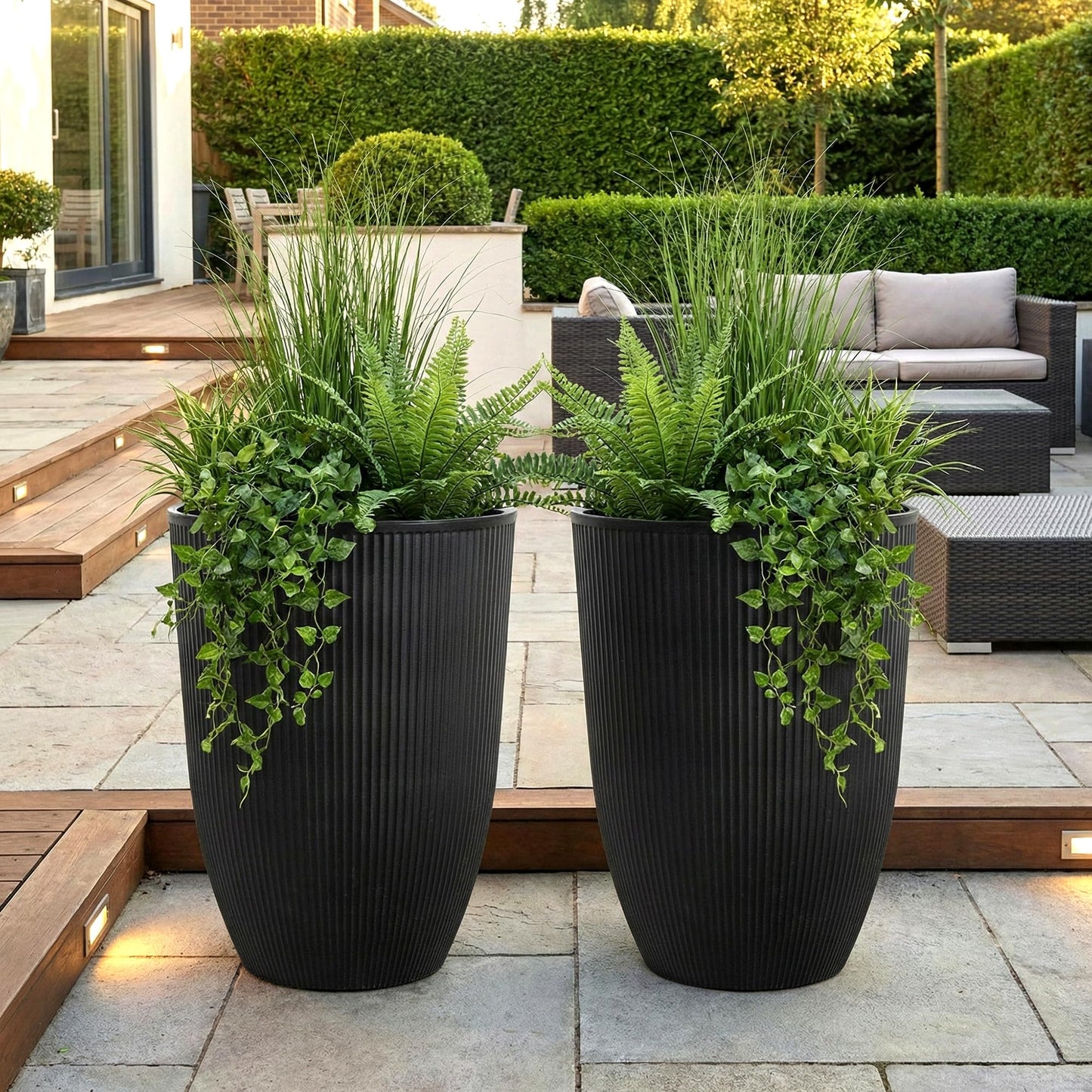 Casaphoria 2-Pack 23" Tall Planters for Outdoor Plants, 17" Large Plastic Flower Pots with Drainage, Lightweight Antique Shape Planters for Front Porch, Patio, Deck (Black)