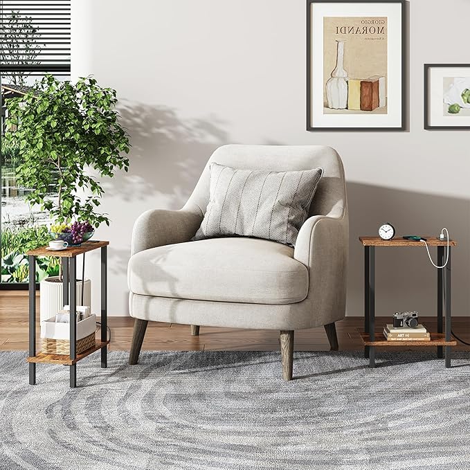TUTOTAK Small End Table with Charging Station, Narrow Side Table with USB Ports