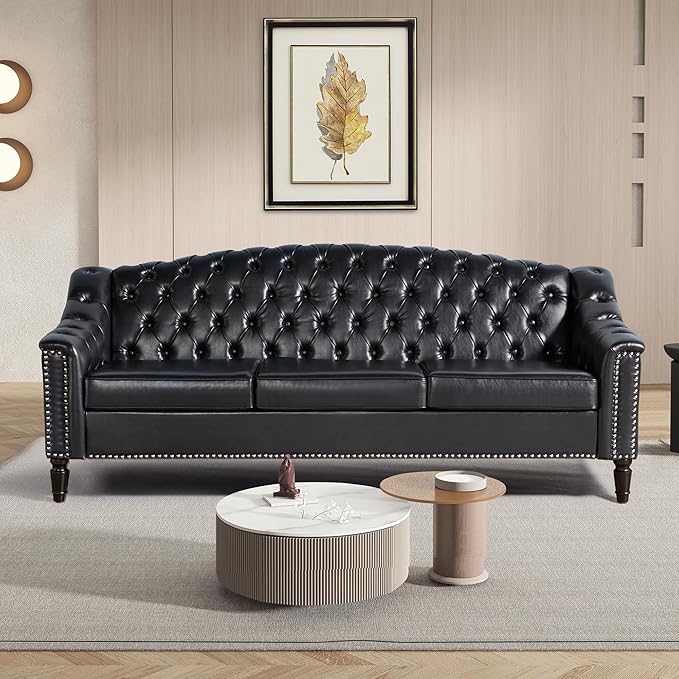 LEVNARY Mid-Century Modern Leather Couch, Chesterfield Sofa Sleeper Settee