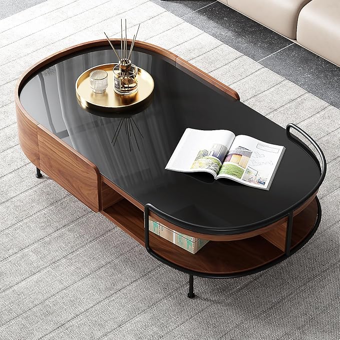 Lartis Oval Coffee Table in Walnut Black Glass Top Coffee Table - Living Room Table with Semi-Circular Storage,Multi Functional Marvel for Modern Living Room