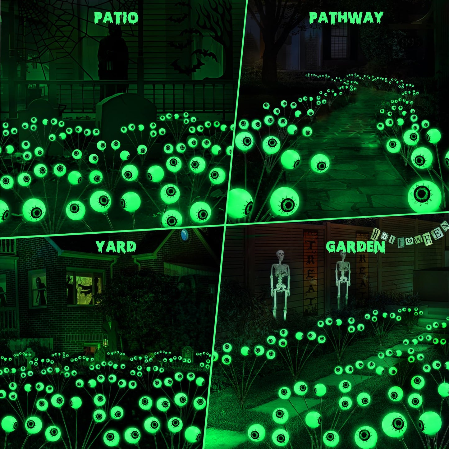 BrizLabs 4 Pack 24 LED Halloween Solar Lights, 2 Modes Outdoor Halloween Eyeball Pathway Lights, Solar Spooky Walkway Light Waterproof, Green Swaying Firefly Lighting for Path Yard Garden Lawn