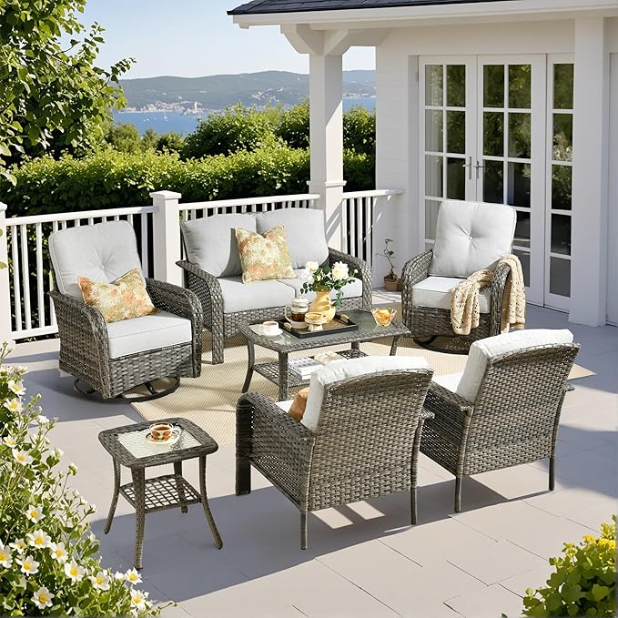 Weaxty 7 Pieces Patio Furniture Set, Wicker Outdoor Swivel Rocking Chairs