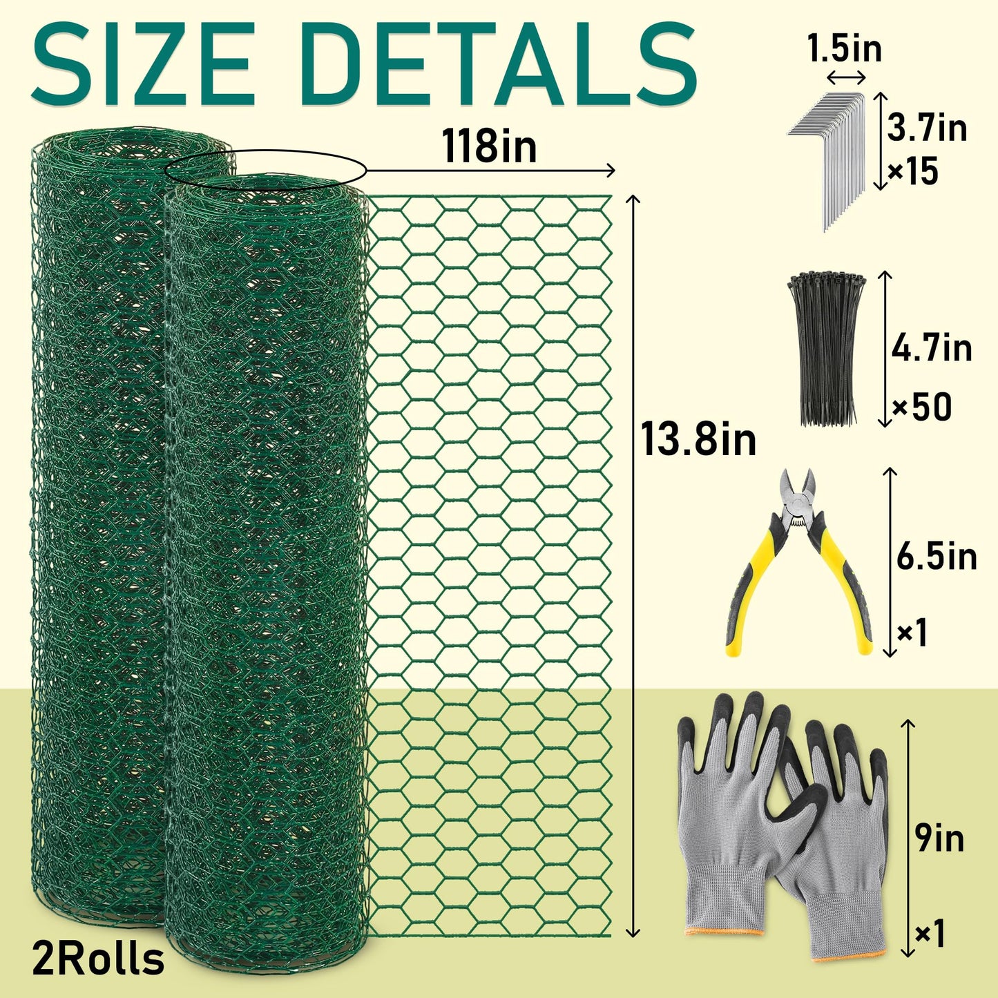 EcoBrisa 13.8x118" Plant Protectors from Animals, 2Roll Metal Mesh Plant Cages for Outdoor Plants Chicken Wire Cloche Wire Mesh for Garden Fence Kit with Ground Stakes & Nylon Tie,Gloves,Plier (Green)