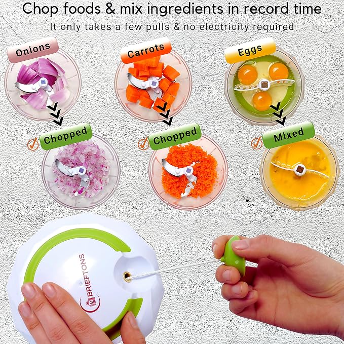 Brieftons QuickPull Manual Food Chopper: Large 4-Cup Powerful Hand Pull Chopper/Mincer/Mixer Blender to Chop Onion, Garlic, Vegetables, Fruits, Herbs for Salsa, Salad, Pesto, Puree, Indian Cooking